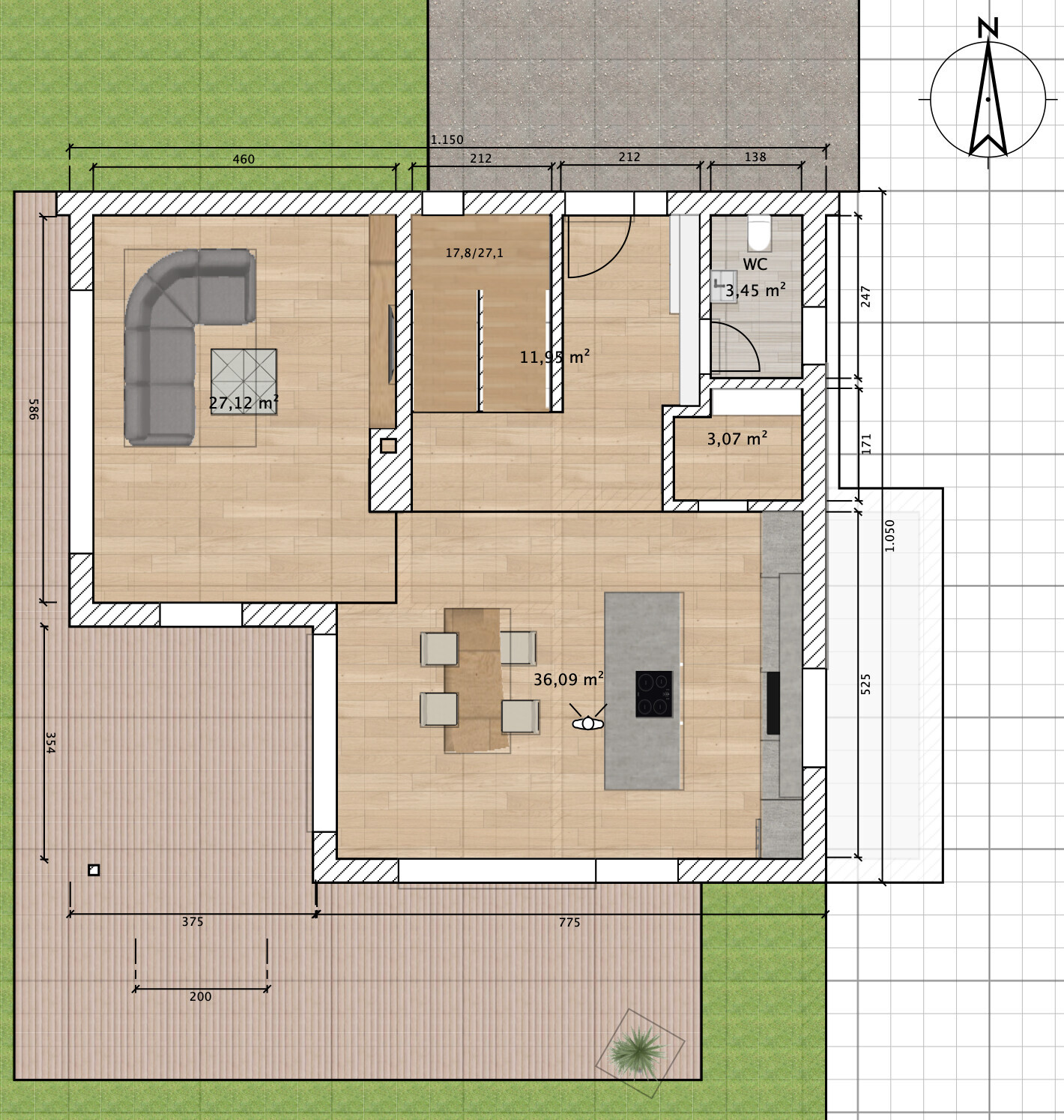 Grundriss eines Hauses: Wohnzimmer mit Eckcouch, Kücheninsel, Essbereich, Flur, WC, Terrasse, Garten.