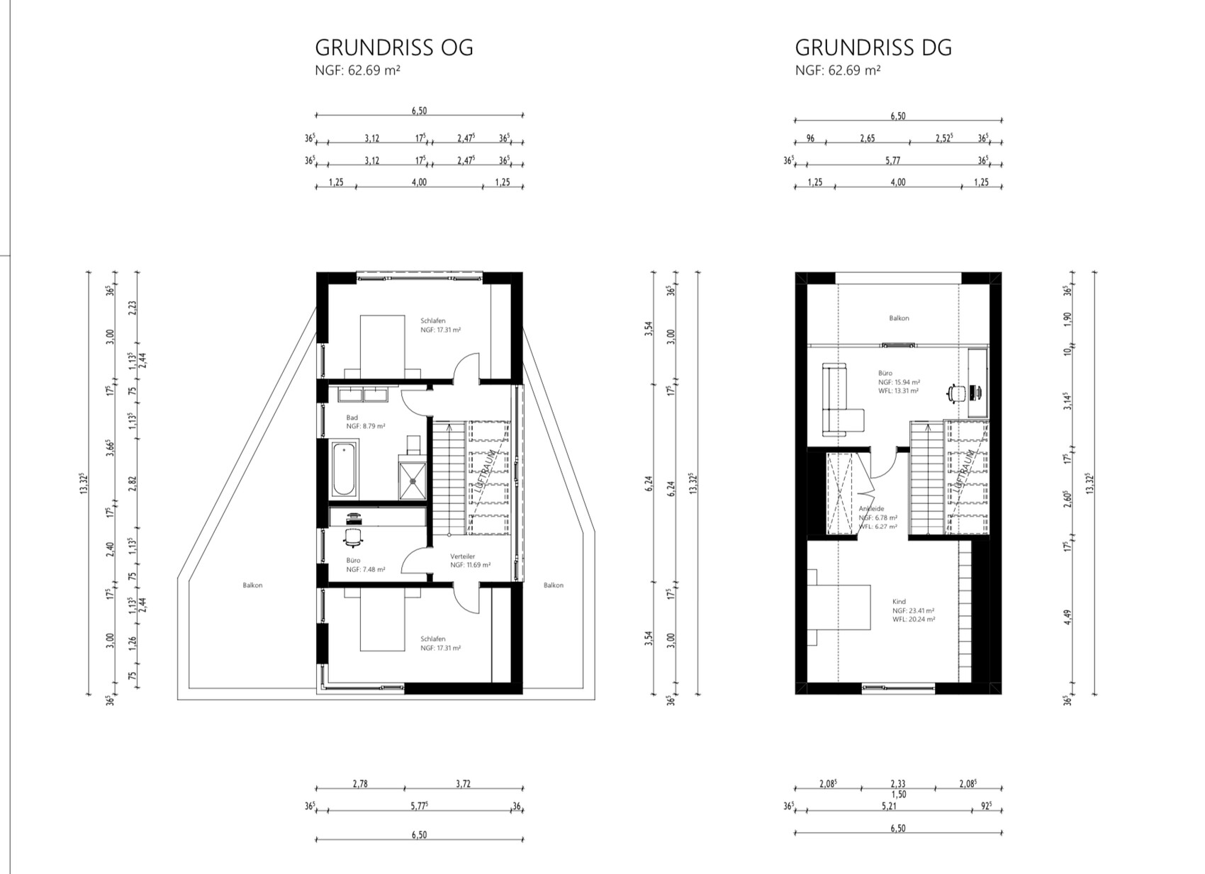 Zwei Grundrisse: OG mit Schlafen, Bad, Büro und Balkon; DG mit Balkon, Büro, Kind und Ankleide.