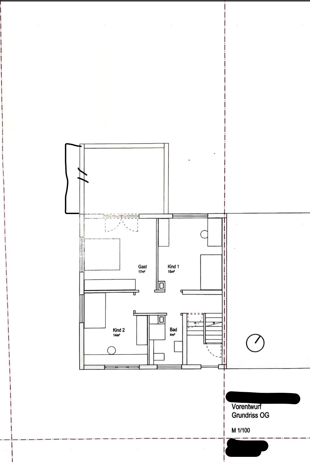 Grundriss OG: Gast 17m², Kind 1 15m², Kind 2 14m², Bad 4m², Treppenhaus.