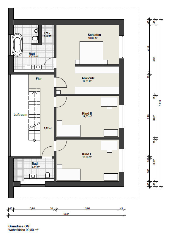 Grundriss OG: Schlafzimmer, Ankleide, Bad, Flur, Luftraum, Kind I, Kind II.