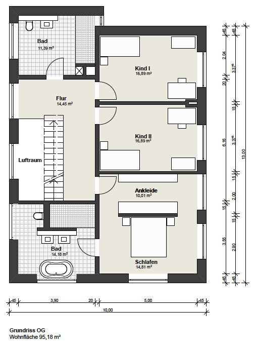 Grundriss OG: zwei Kinderzimmer, Schlafen, Ankleide, Bad, Flur, Luftraum, Übersicht.