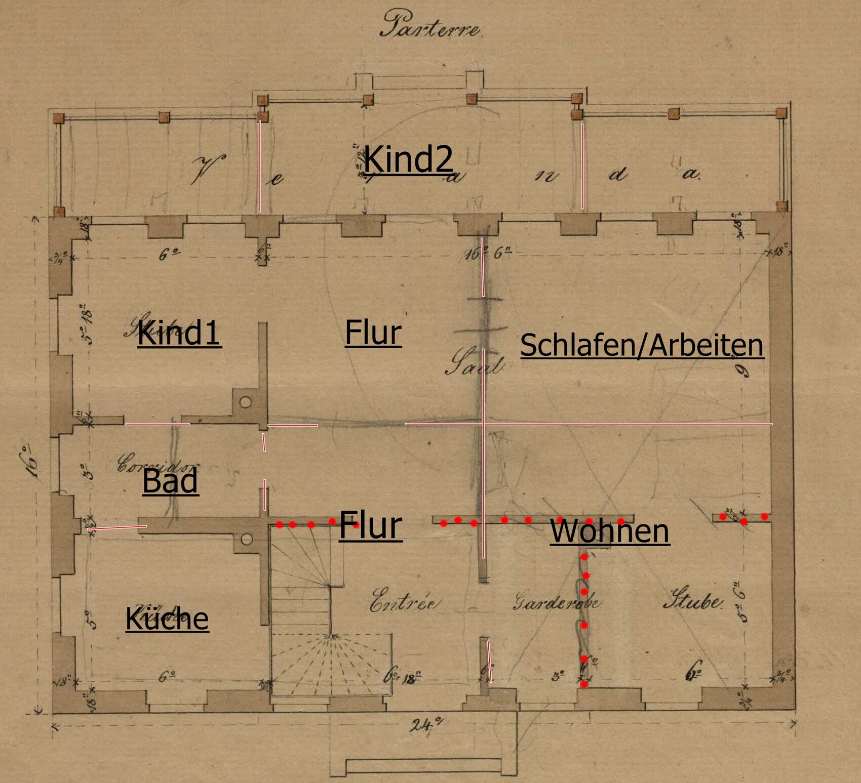 Historischer Parterre-Floorplan mit Küchen-, Bad-, Flur- und Wohnbereichen