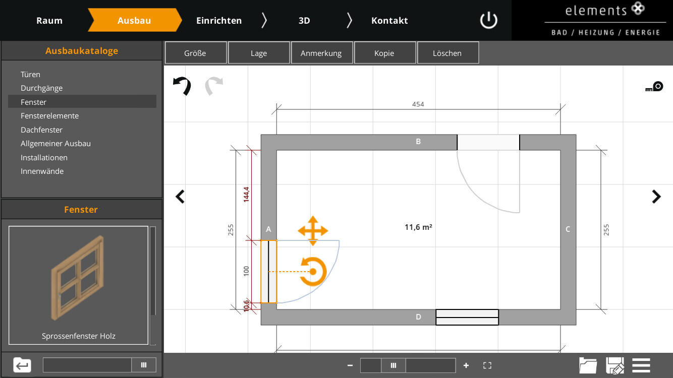 UI-Screenshot: Grundrissplan eines Raums mit Tür, Fenster und Maßlinien in Bau-Software.
