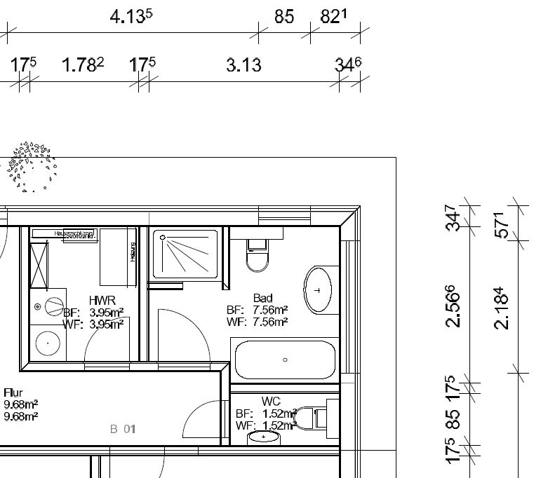 Detaillierter Grundriss eines Hauses mit Bad, WC, Flur und HWR