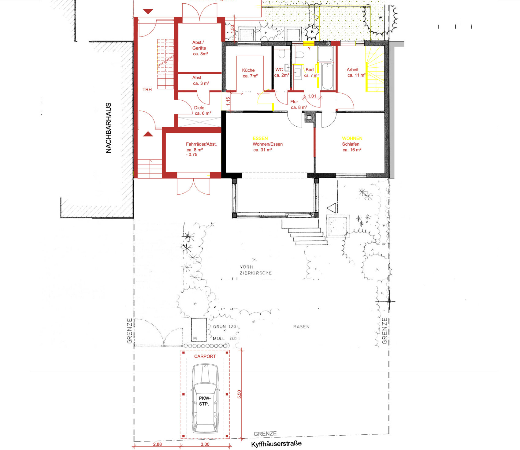 Grundriss eines Hauses mit Küche, Bad, WC, Flur, Wohn-/Essbereich, Schlafraum, Carport und Garten.