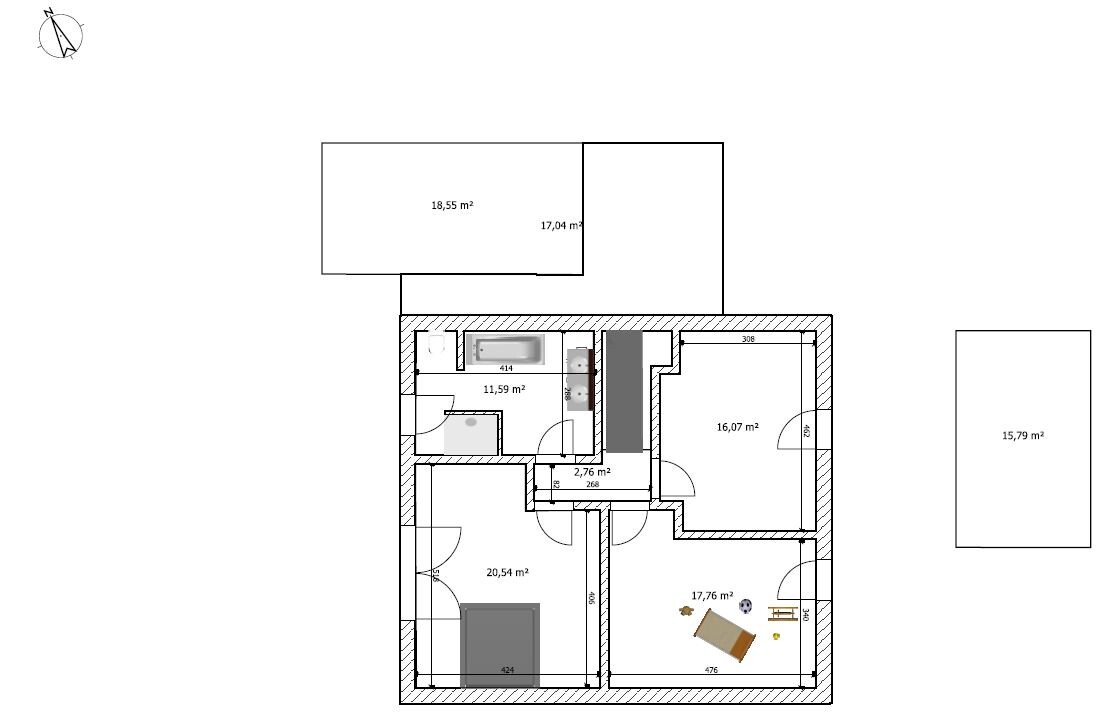 Grundriss einer Wohnung mit fünf Räumen; Größen: 20,54; 11,59; 17,04; 16,07; 17,76 m².