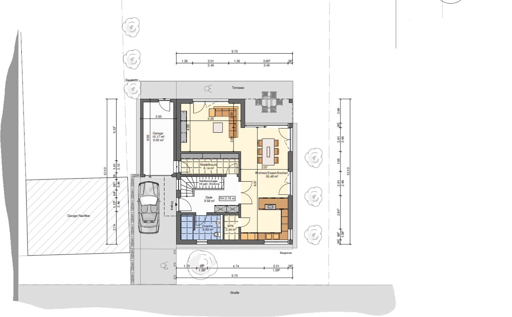 2D-Grundriss eines Hauses mit Garage, Wohnzimmer, Küche und Terrasse
