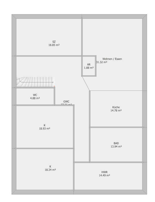 Grundriss eines Hauses mit Treppenhaus: Wohnen/Essen, Küche, Bad, WC, HWR, AR, mehrere Schlafzimmer.