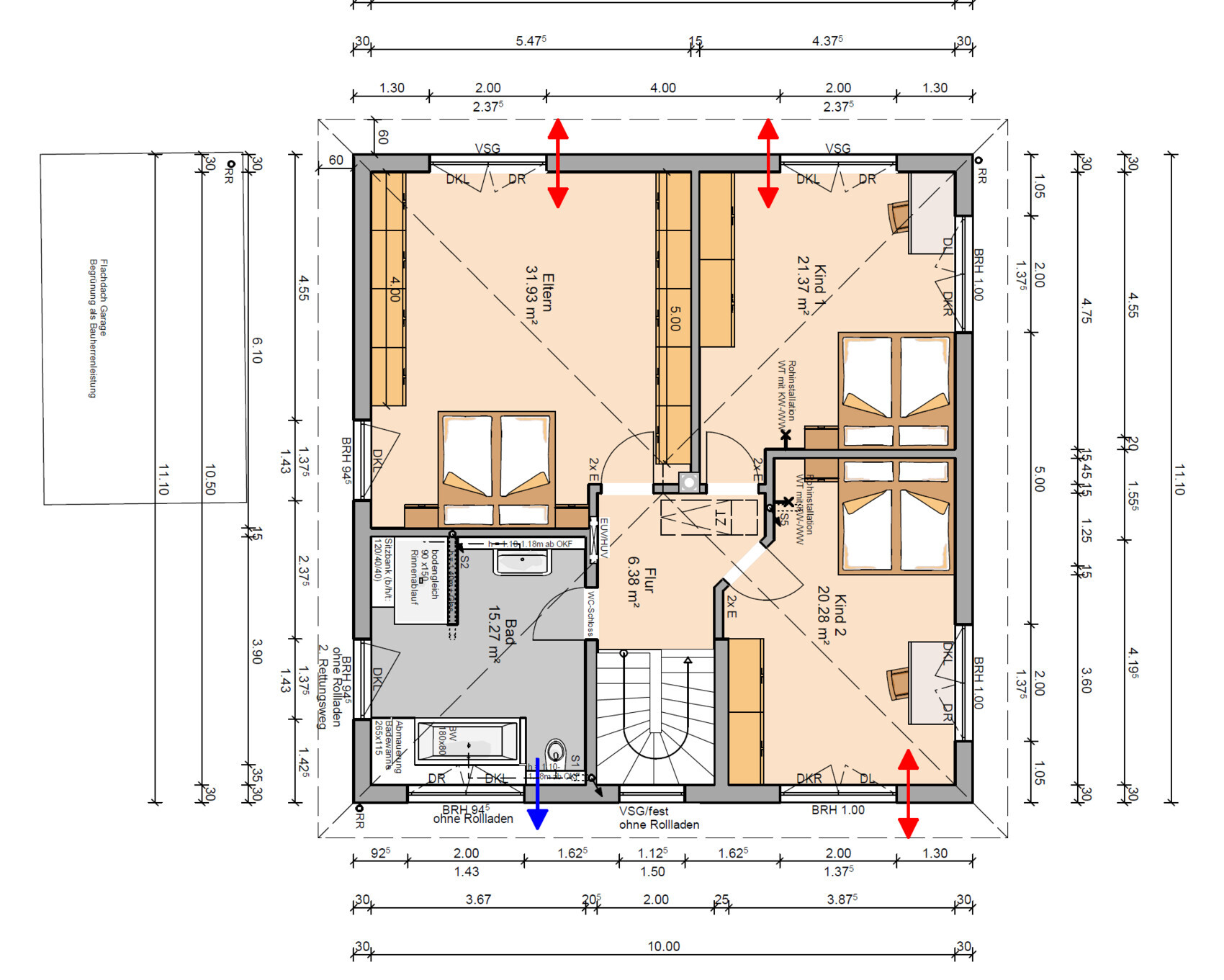 Grundriss eines Familienhauses mit mehreren Zimmern, Bad und Küche; Maßangaben sichtbar.
