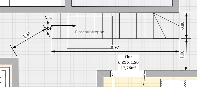 Grundriss: Flur 6,81×1,80 m (12,26 m²) mit Einschubtreppe und Türen.