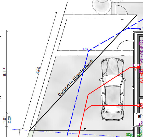 Grundrissplan eines Grundstücks mit Carport und Autostellplatz