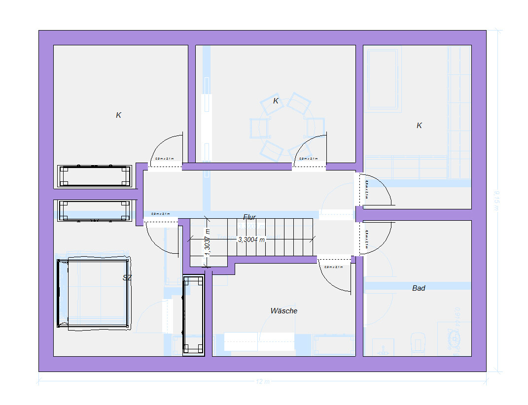 Grundriss eines Hauses: Flur, Bad, Wäsche, drei K-Zimmer und Treppe; lila Wände.