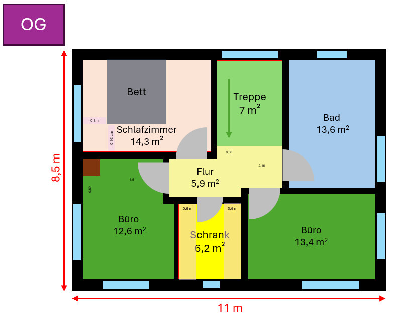 Grundrissplan eines Hauses mit Schlafzimmer, Büro, Flur, Treppe und Bad im OG.