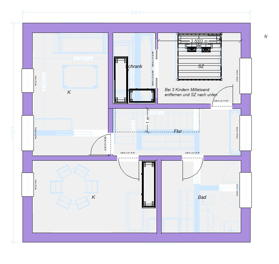 Grundriss eines Hauses mit Flur, Küche (K), Bad, Schlafzimmer (SZ) und Wohnzimmer