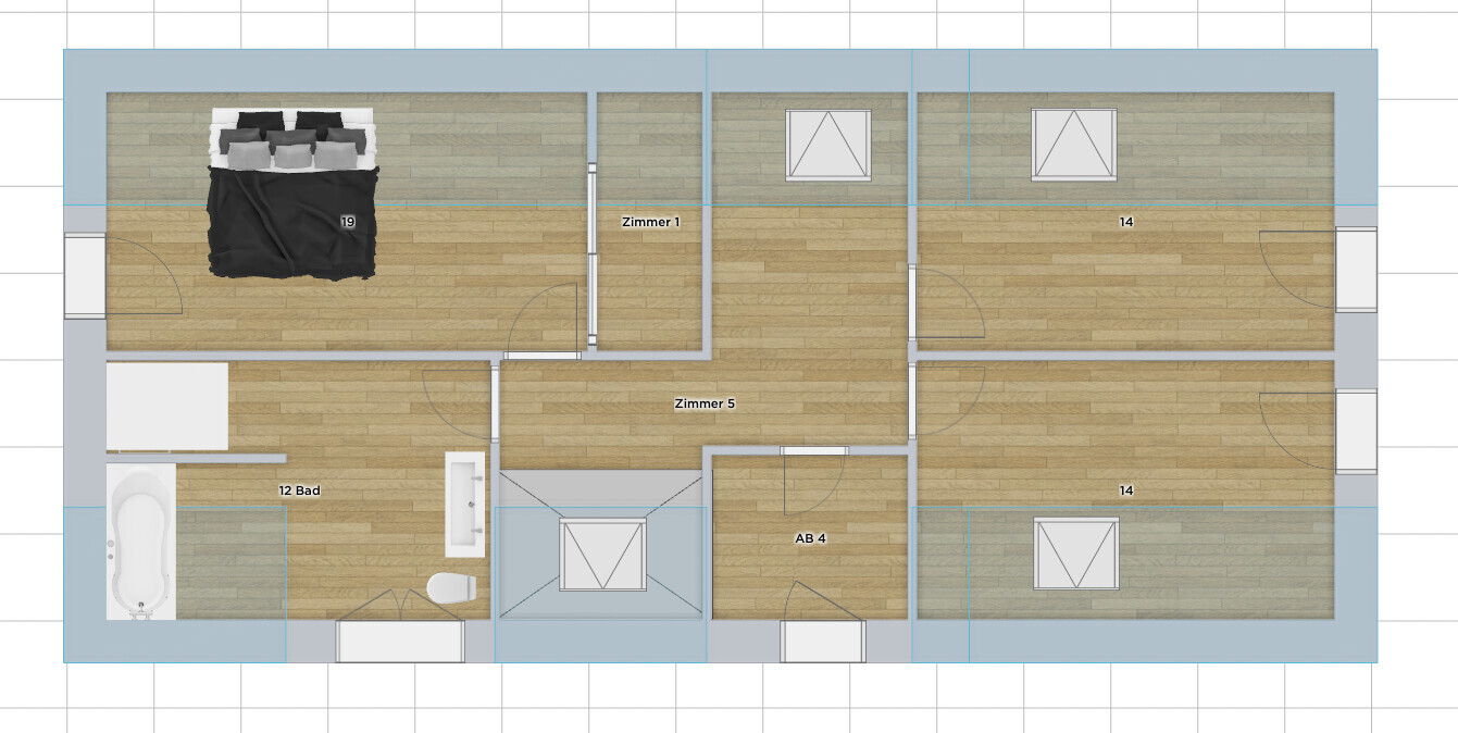 Grundriss einer Wohnung: Schlafzimmer links, Bad untenlinks, Flur und mehrere Zimmer rechts.