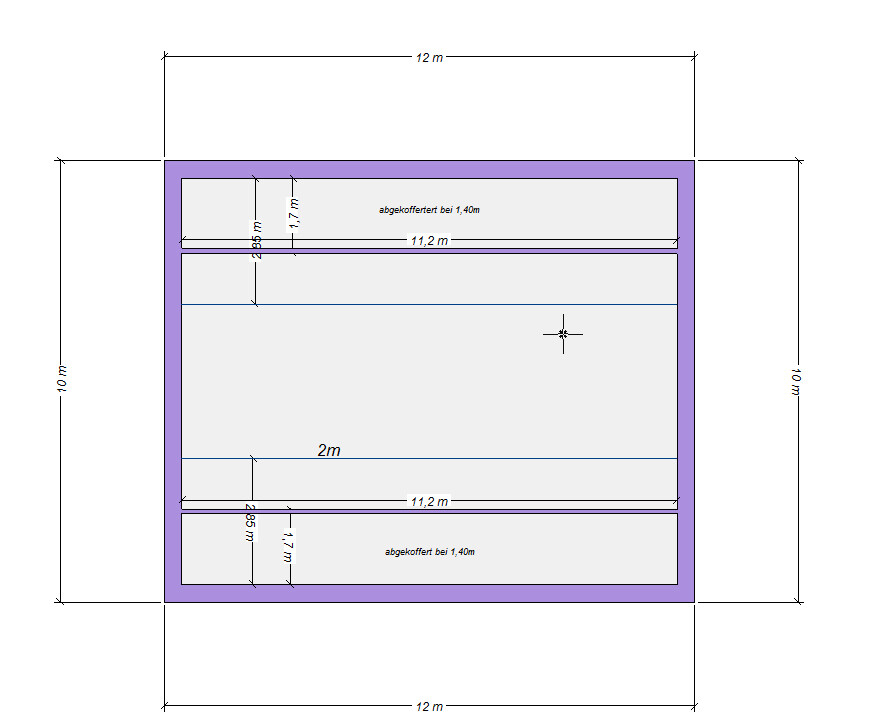 Zweidimensionaler Hausgrundriss mit Maßen und violettem Rand