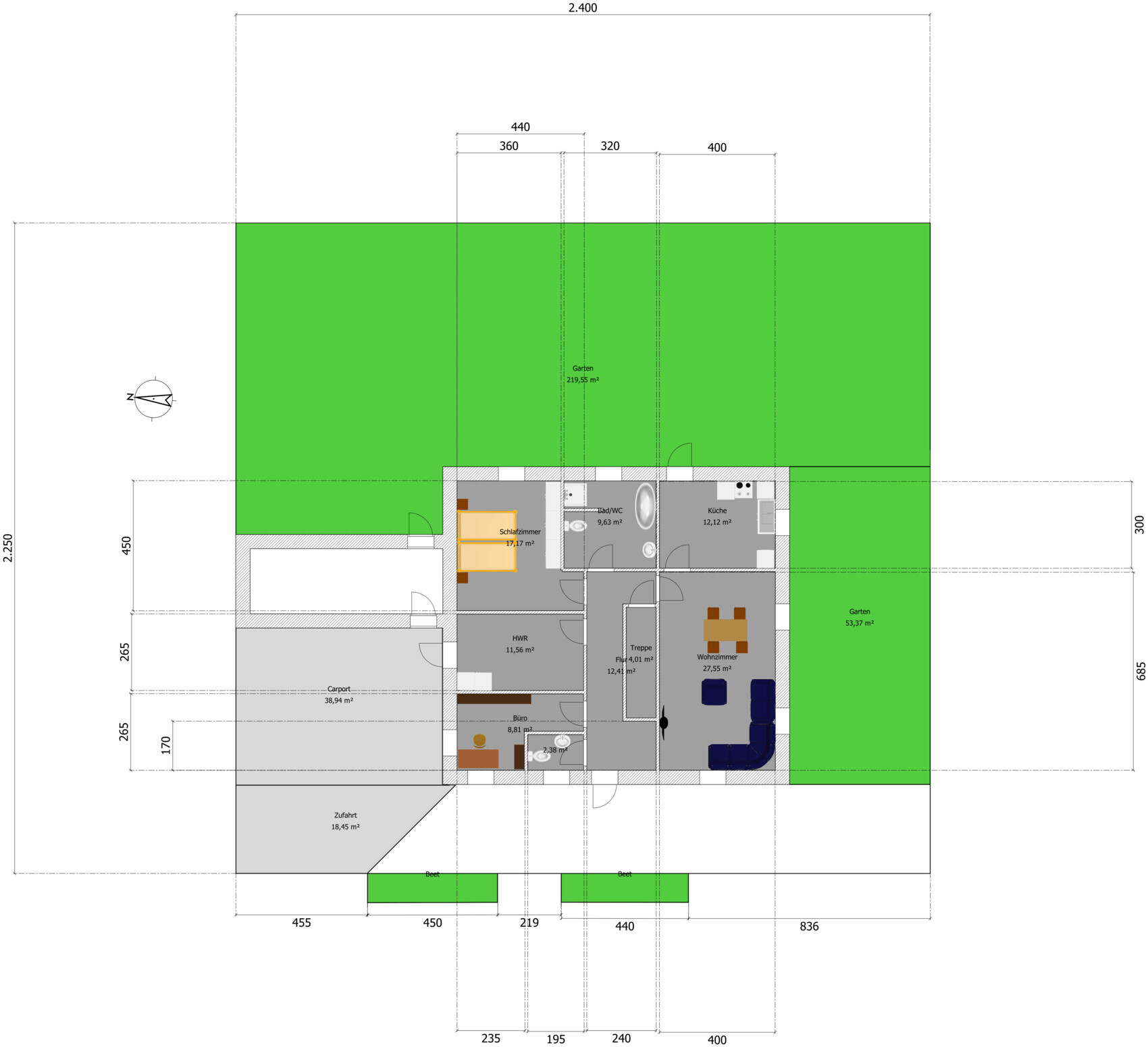 Grundriss eines Hauses mit Schlafzimmer, Küche, Wohnzimmer, Bad, HWR und umliegendem Garten.
