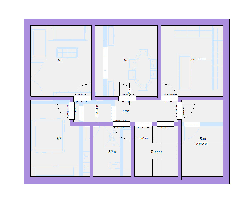 Grundriss eines Hauses mit K1–K4, Büro, Bad, Flur und Treppe sichtbar.