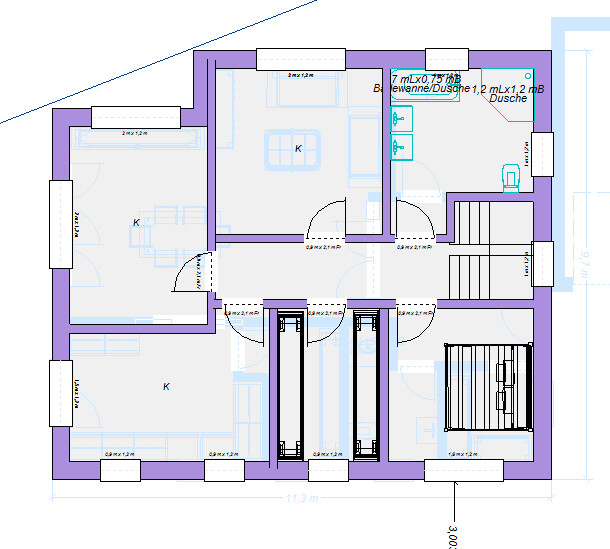 Grundriss eines Hauses: Räume, Türen, Treppen; Küche links, Schlafzimmer unten rechts, Bad rechts