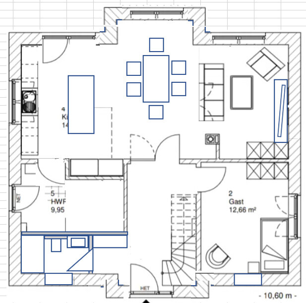 Grundriss eines Apartments: Küche mit Insel, Esstisch, Wohnzimmer, Flur, Gastzimmer, Treppe.