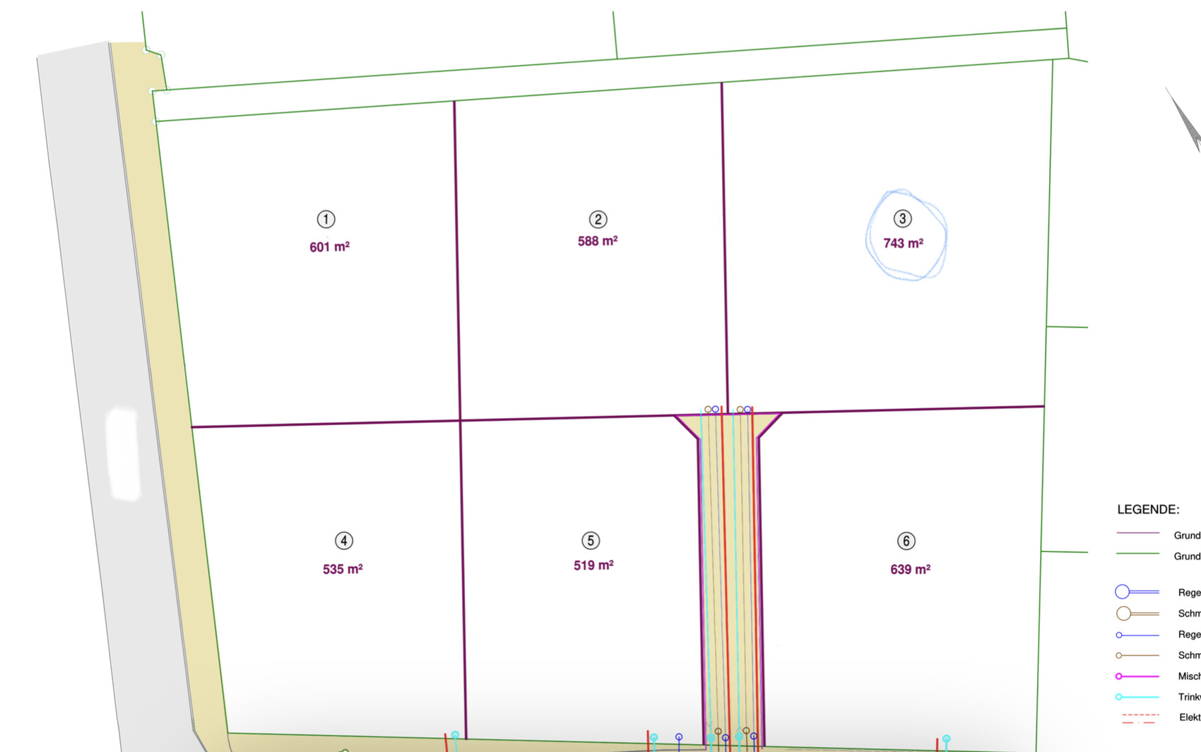 Lageplan eines Grundstücks mit sechs Parzellen (1–6) und Flächenangaben in m².