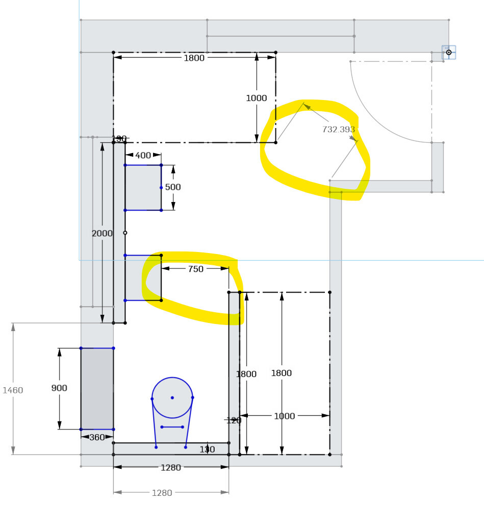 Architekturgrundriss eines Wohnhauses mit Abmessungen und gelb markierten Bereichen.