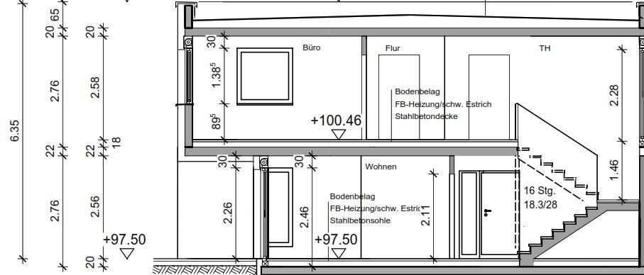2D architektonischer Grundriss-Schnitt eines Hauses mit Treppe, Büro und Wohnbereich