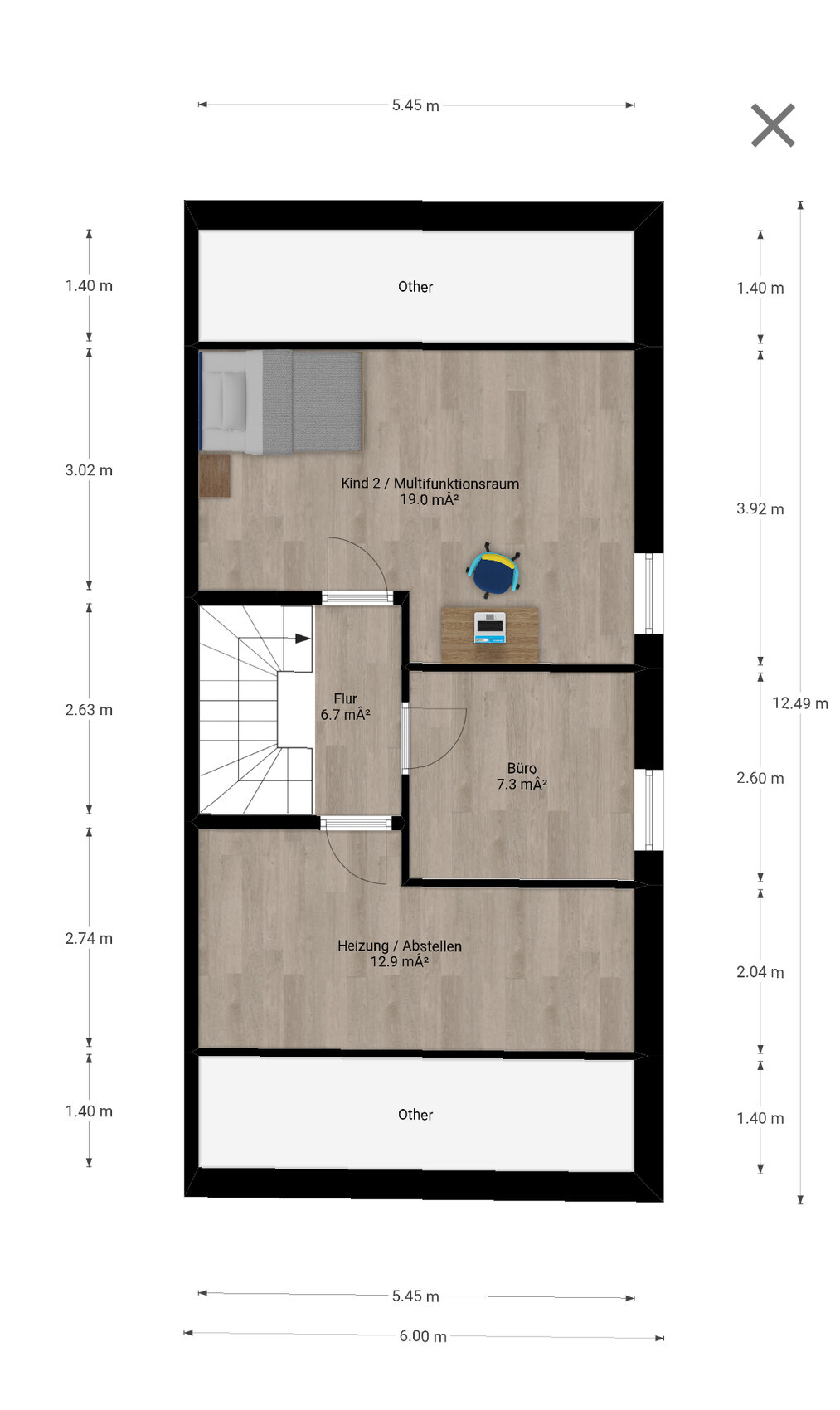 Grundriss eines Stockwerks: Flur, Büro, Heizung/Abstellen, Kind 2 Multifunktionsraum (Bett, Tisch)