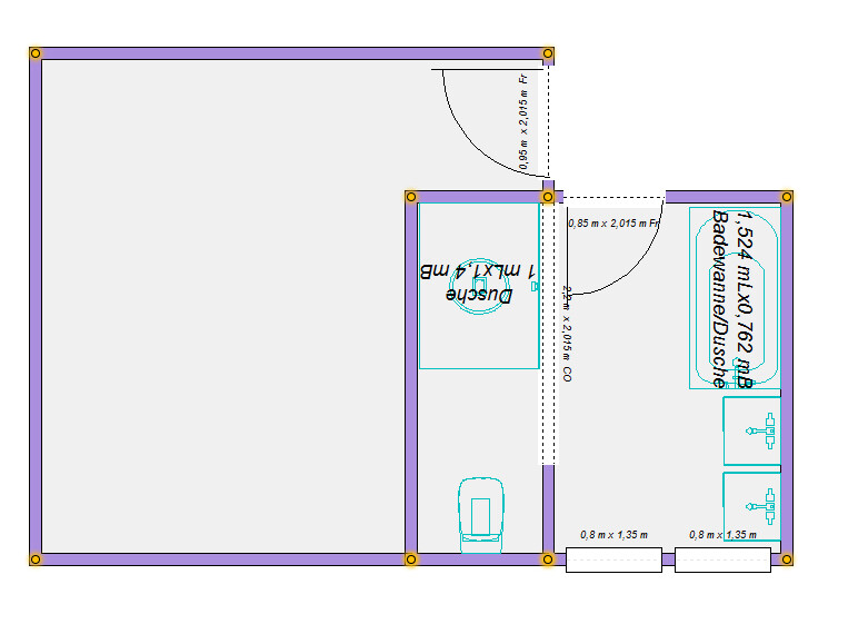 Zweidimensionaler Hausgrundriss mit Bad, Küche und Terrasse