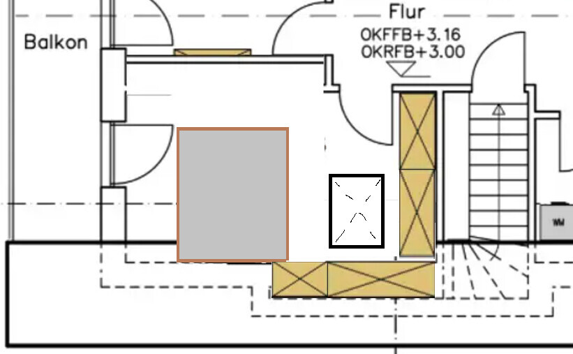 Grundriss eines Flurs mit Balkon, Treppe, gelben Schränken und graues Möbelstück.