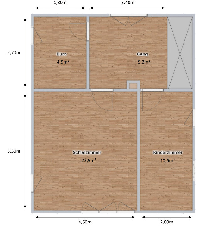2D-Grundriss eines Hauses mit Buero, Gang, Schlafzimmer und Kinderzimmer