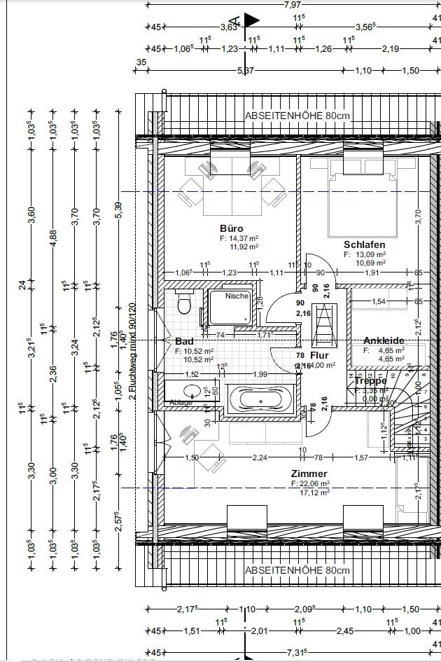 Grundrissplan eines Wohnhauses mit Büro, Schlafraum, Bad, Flur und Treppe