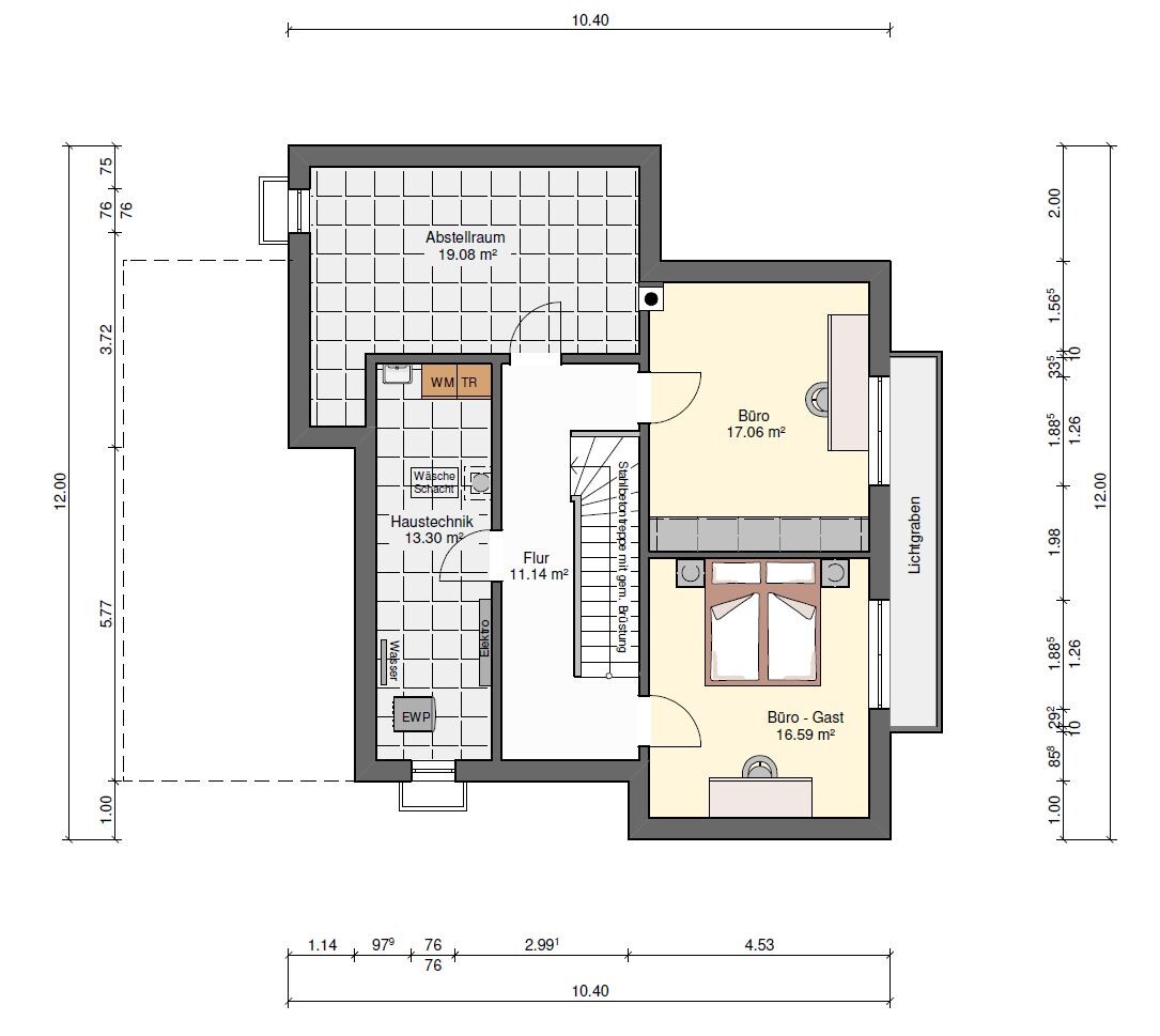 Grundriss einer Büroetage mit Abstellraum, Büro, Büro-Gast, Flur, Haustechnik, Treppen, Lichtgraben.