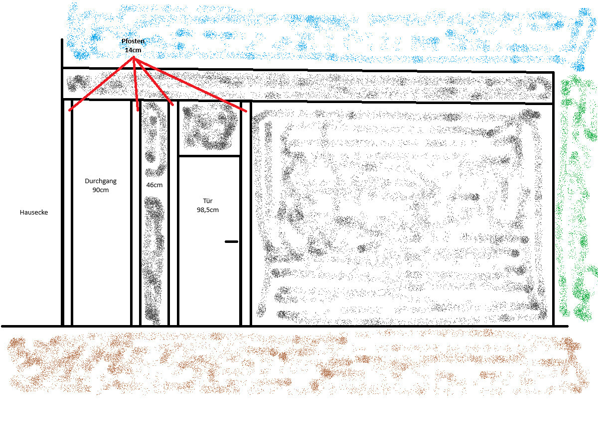2D-Grundriss eines Hauses mit Türen, Durchgängen und Maßangaben