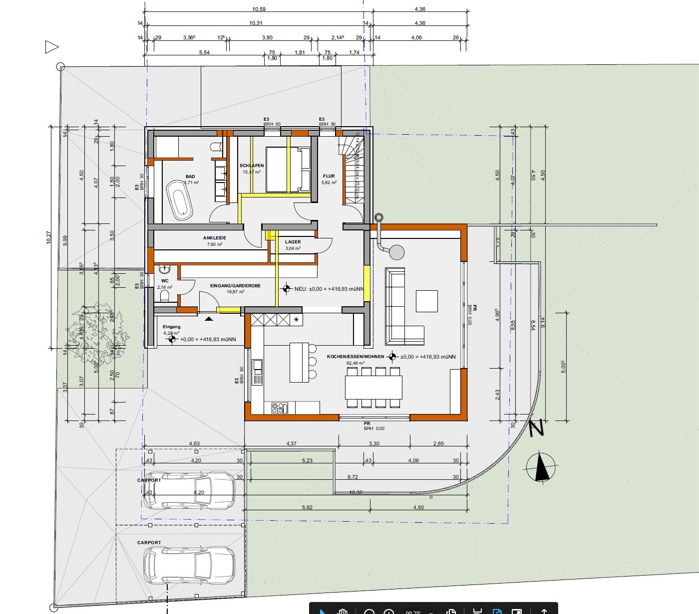 Grundriss eines Hauses mit Kochen/Essen/Wohnen, Schlafzimmer, Bad, Flur, Lager, Carport