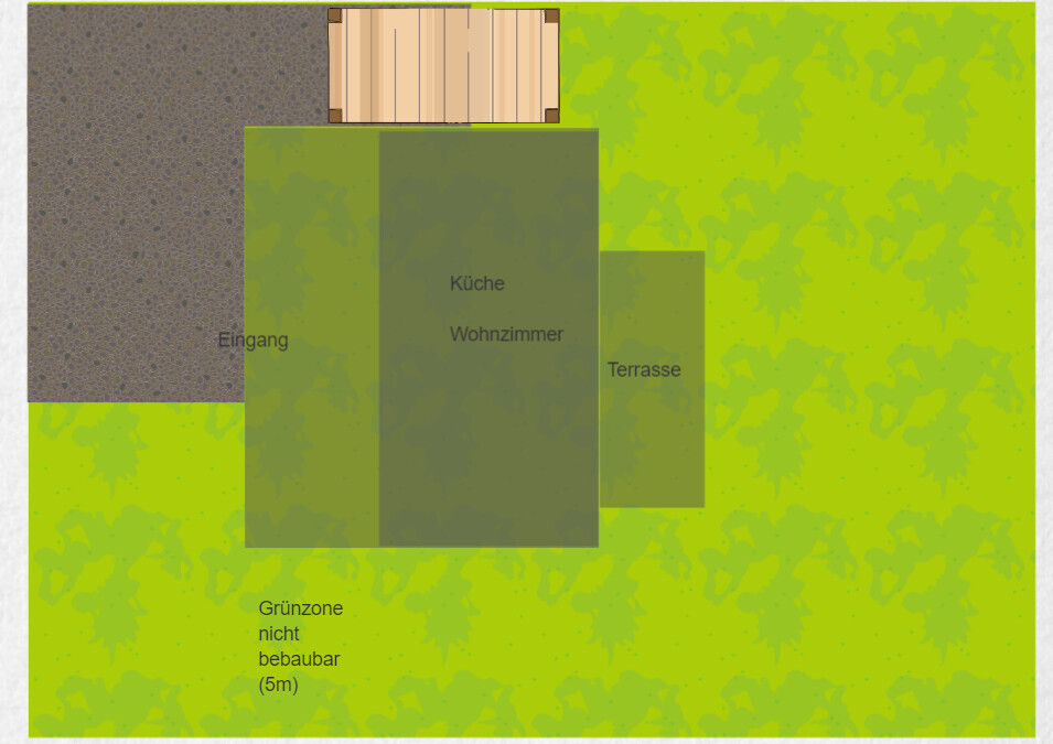 Top-Ansicht eines Grundrisses: Küche und Wohnzimmer, Terrasse, Eingang, grüne Zone.
