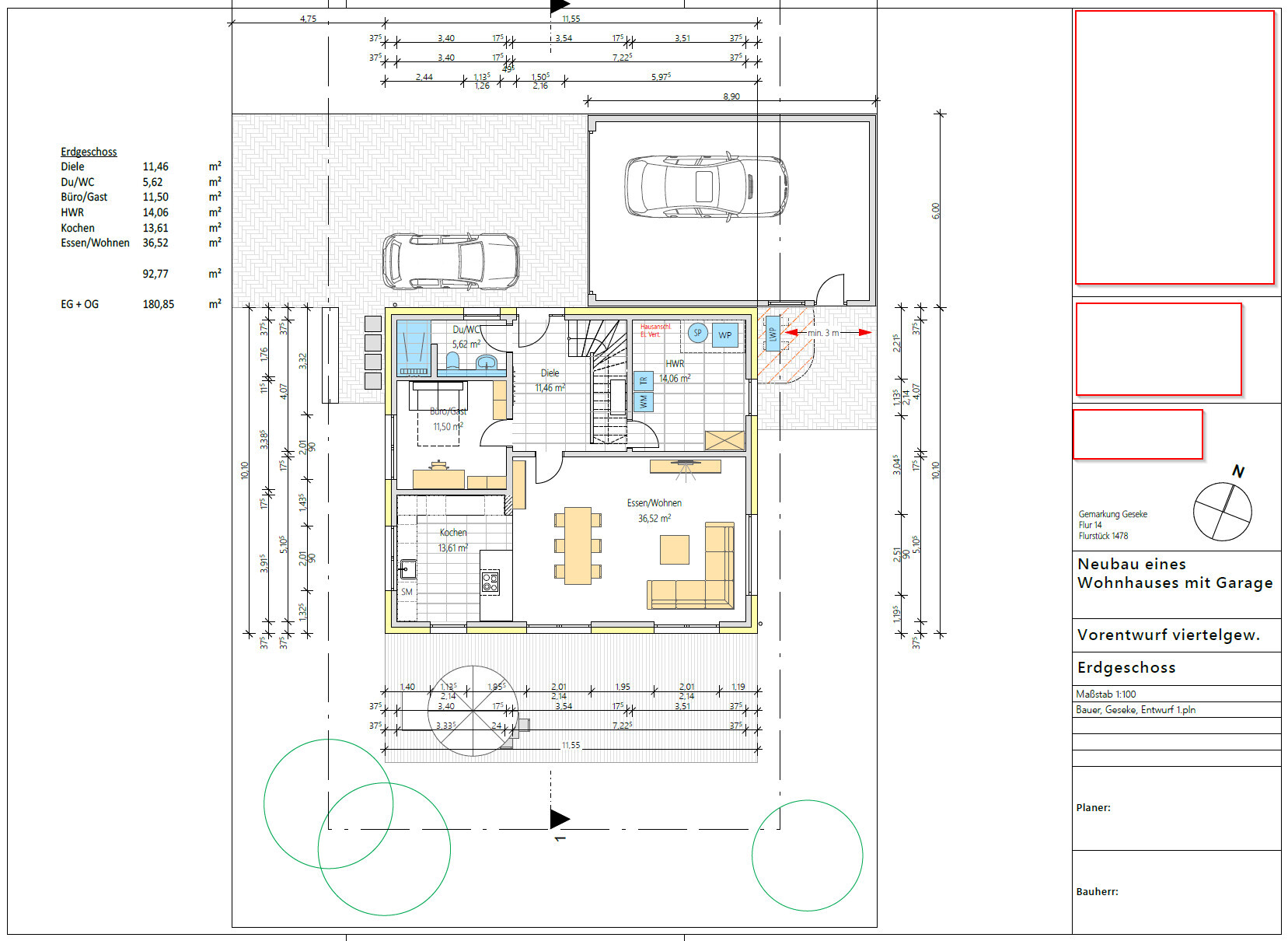 Grundrissplan eines Neubauhauses mit Garage, Wohnzimmer, Küche und Eingangsbereich