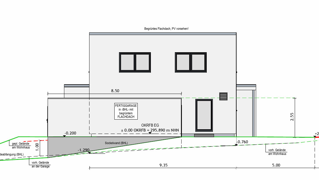 Zweistöckige Hausansicht mit Garage, Fenstern und Geländekante (Architekturplan)