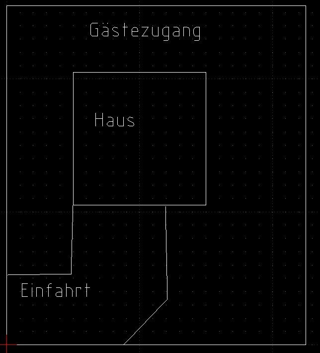 Grundriss eines Gebäudes: Haus in Mitte, Gästezugang oben, Einfahrt unten links.