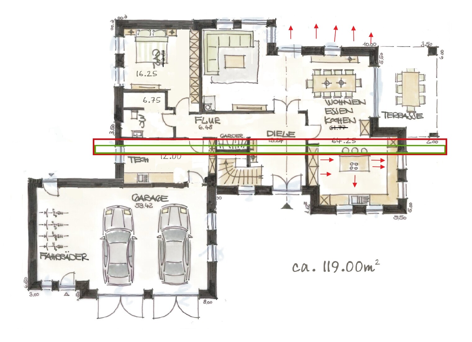 Handgezeichneter Grundrissplan eines Hauses mit Garage, Terrasse und Wohnbereich.