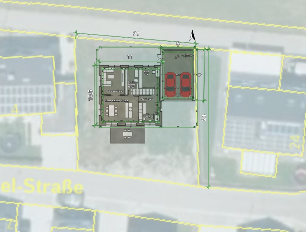 Grundriss eines Hauses mit Garage und zwei roten Autos; Außenmaße gut sichtbar.