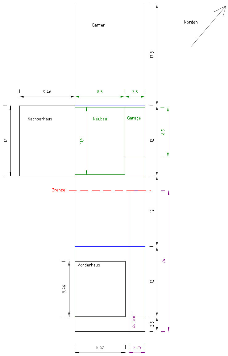 Grundrissplan zeigt Garten, Neubau, Garage, Vorderhaus und Zufahrt