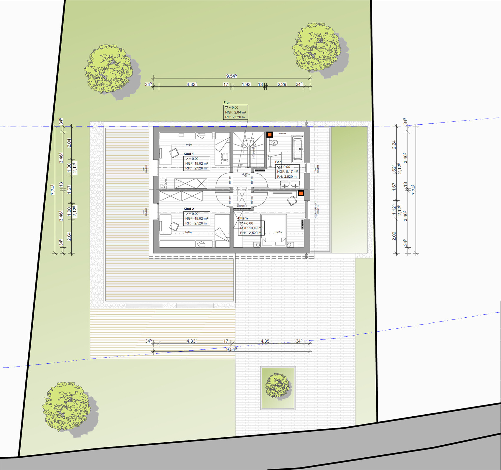 Grundriss eines Hauses: Erdgeschoss mit 3 Schlafzimmern, Bad, Flur, Terrasse und Garten.