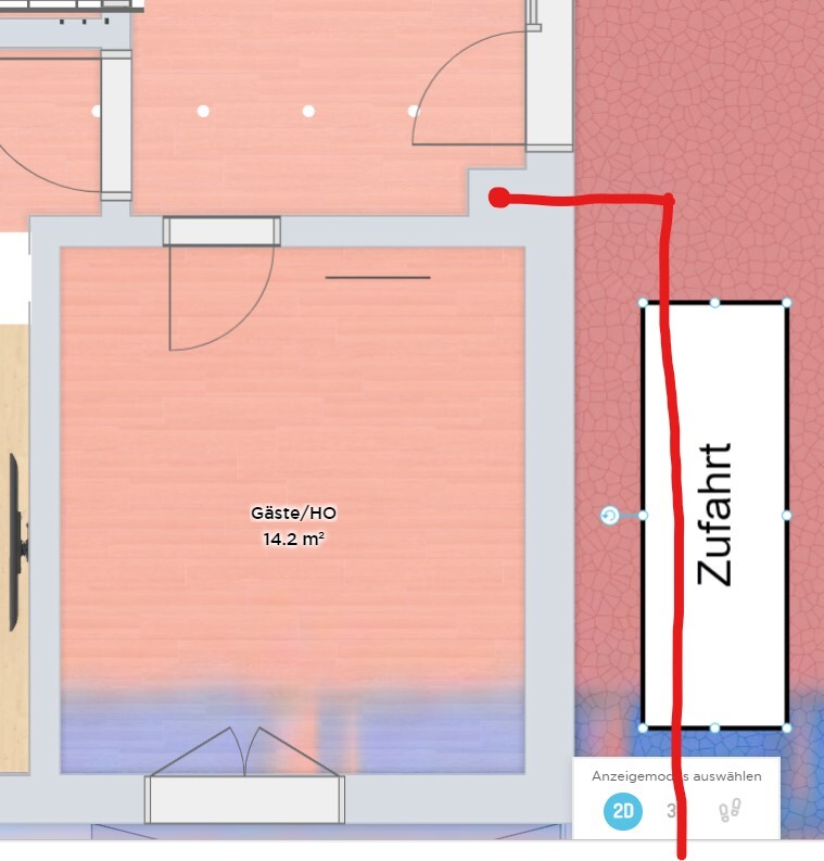 Grundriss: Raum Gäste/HO 14.2 m²; rechts Zufahrt mit roter Linie markiert.