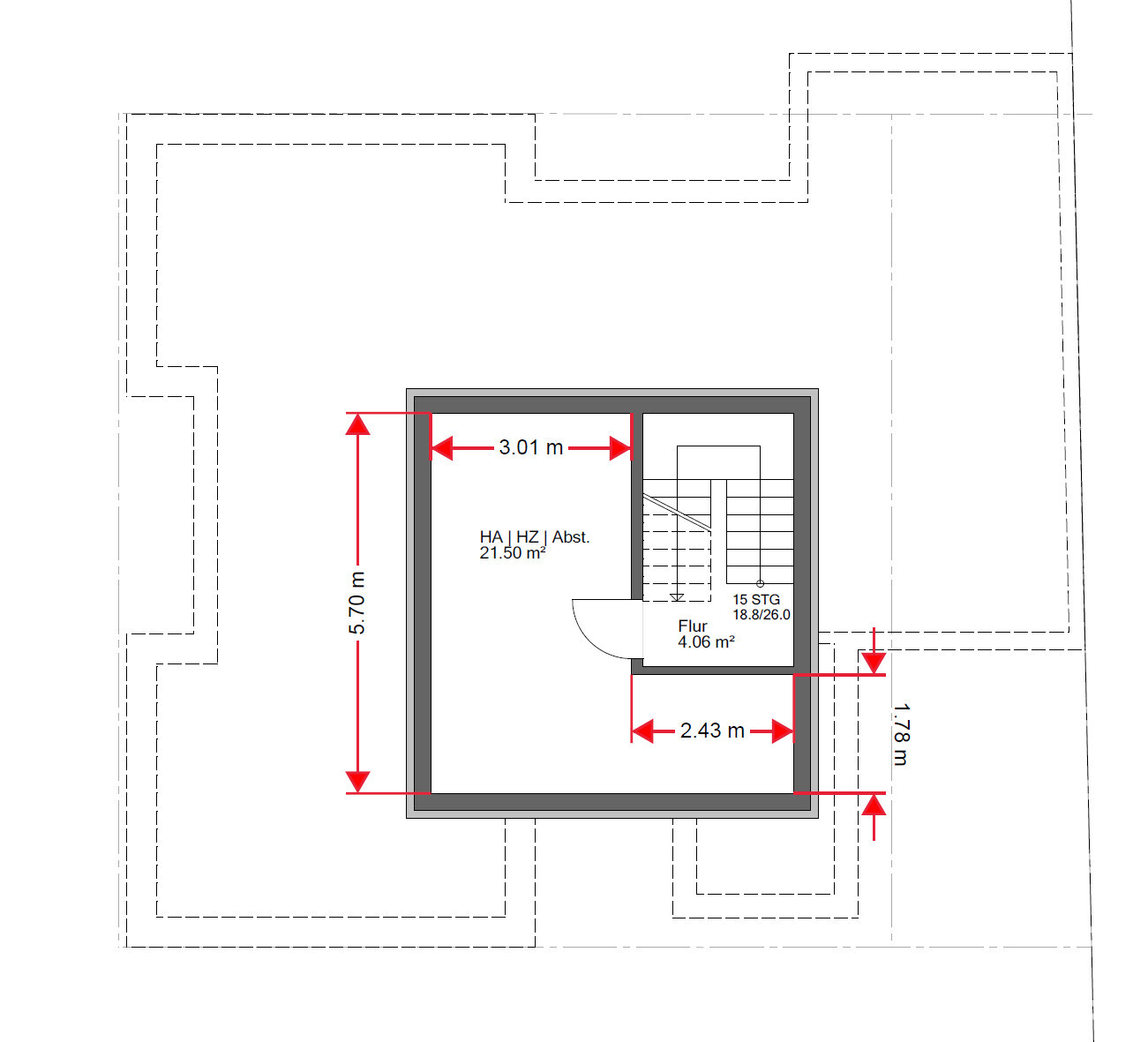 Grundriss: Flur und Treppenaufgang, Innenraum 21,50 m², Außenmaße ca. 5,70 m.