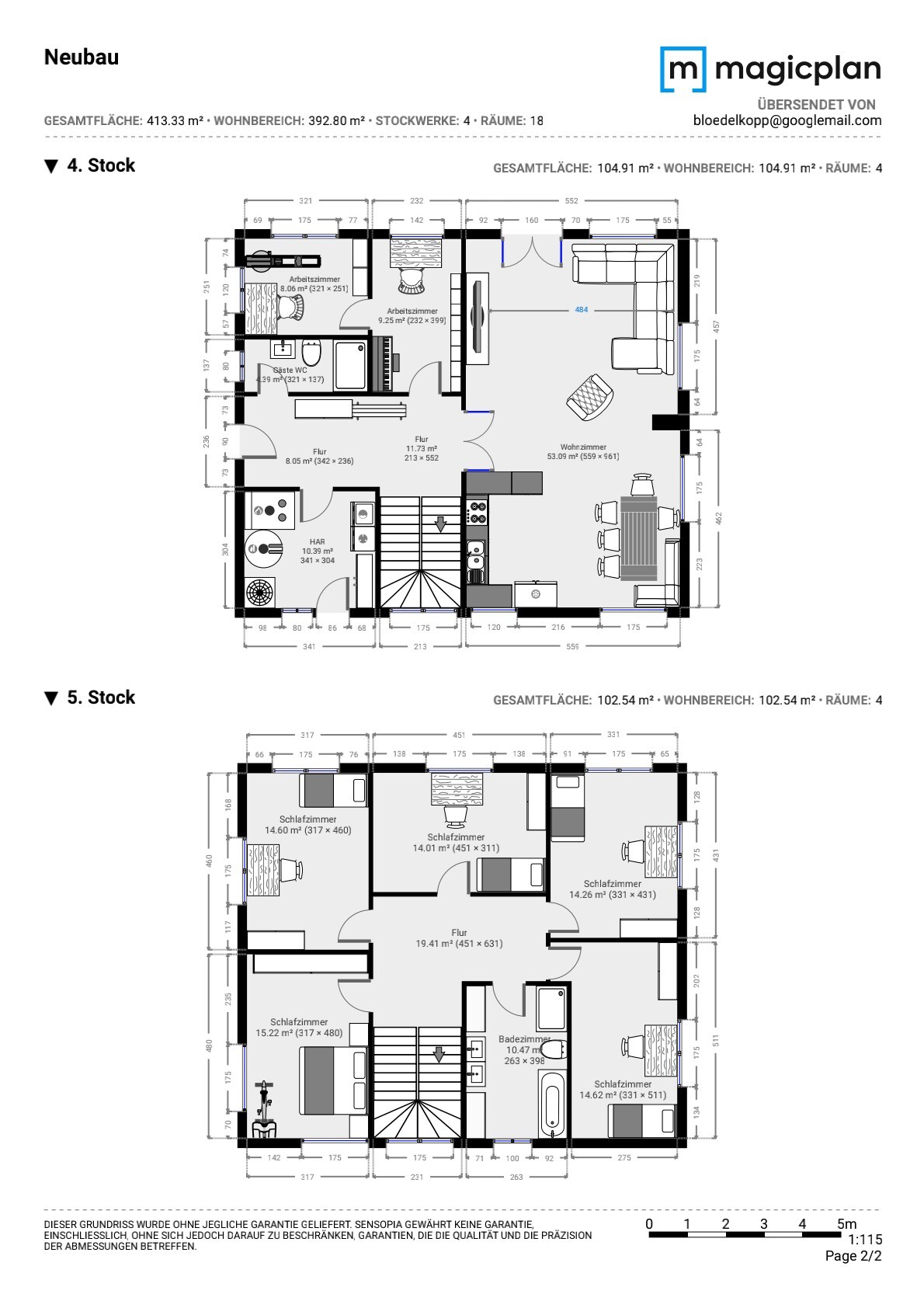 Detaillierter Grundriss eines Gebäudes: 4. und 5. Stock mit Wohnungen, Fluren, Treppen.