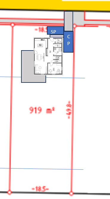 Grundriss eines Gebäudeteils mit markiertem Bereich; Grundstücksfläche 919 m².