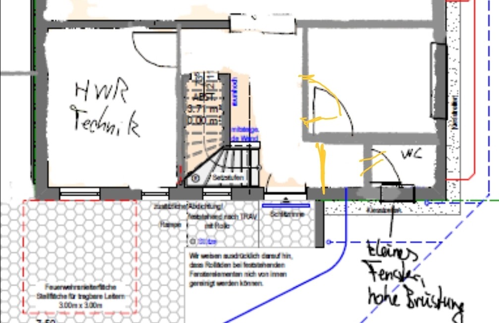 Grundriss eines Gebäudes mit HWR/Technikraum, Treppe und WC