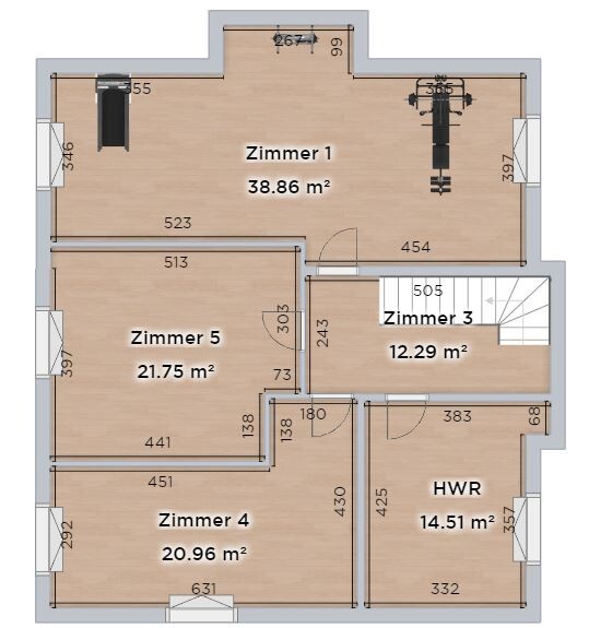 Grundriss eines Hauses mit Zimmern 1–5, HWR und Fluren.