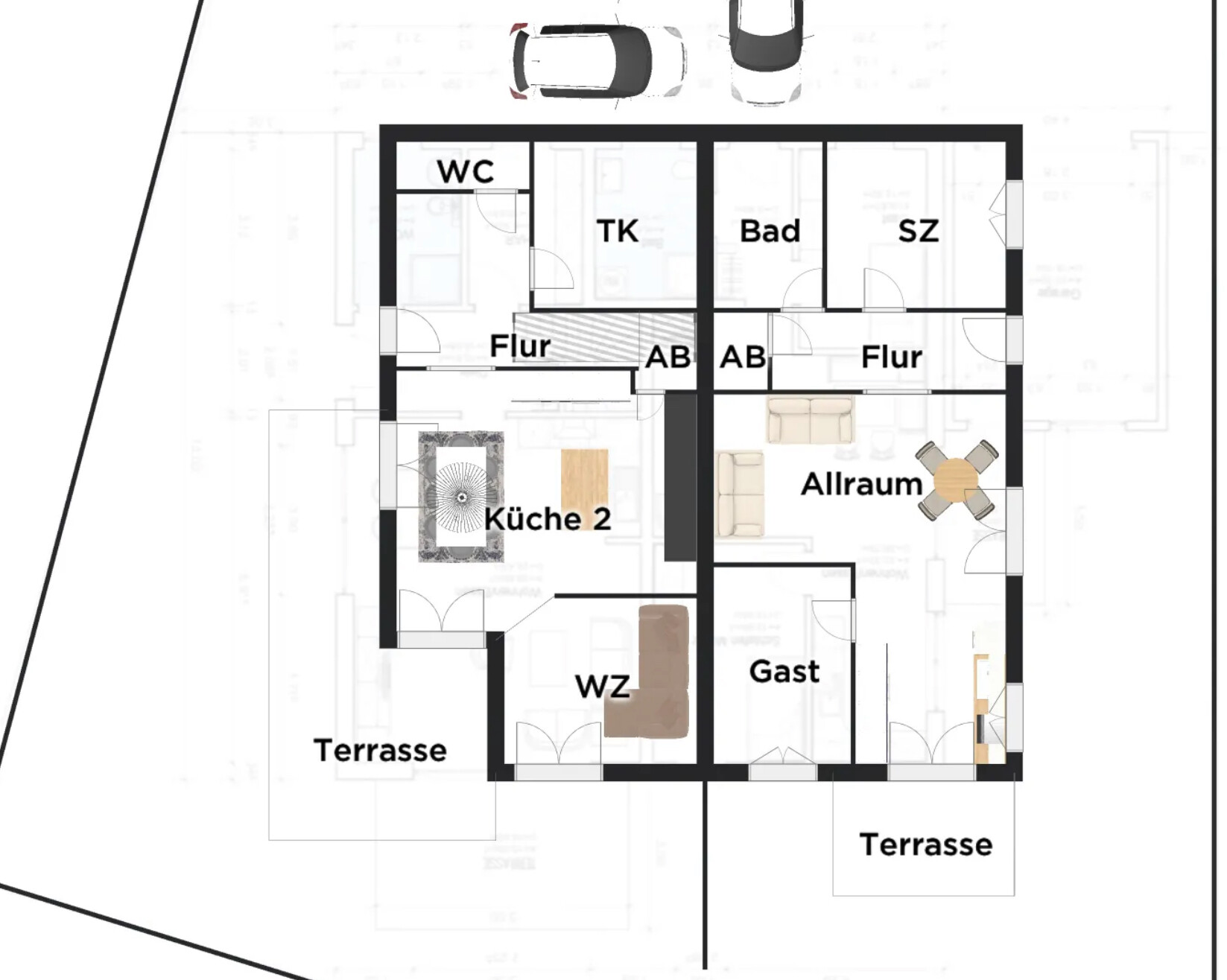 Grundriss Wohnung: 2Terrassen, Flur, Küche 2, Allraum mit Sofa, Esstisch, Gast, SZ, Bad, WC, TK, AB
